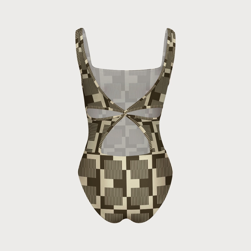 Retro Geometric Check Print Back Crisscross Swimsuit