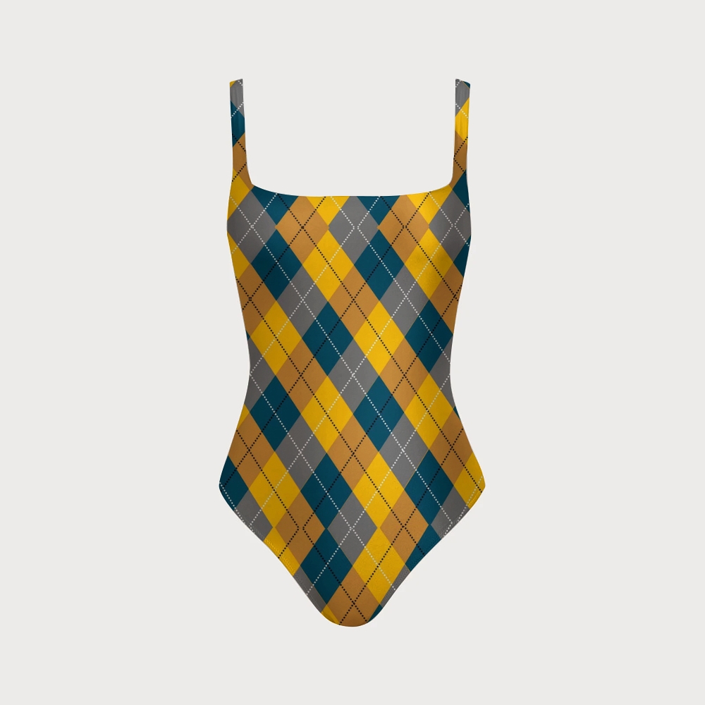 Retro Argyle Print Back Crisscross Swimsuit
