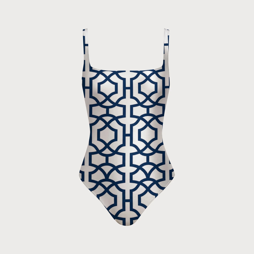 Geometric Print Swimsuit with Back Mesh Knot