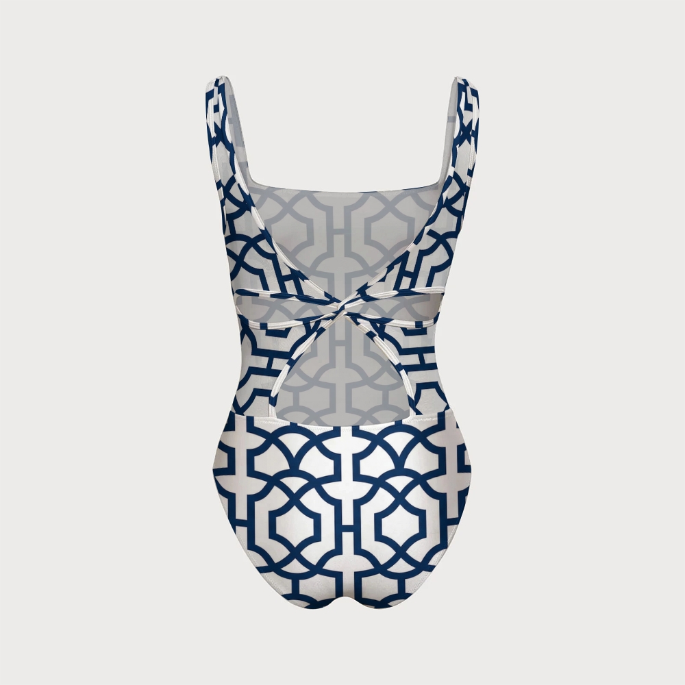 Geometric Print Swimsuit with Back Mesh Knot