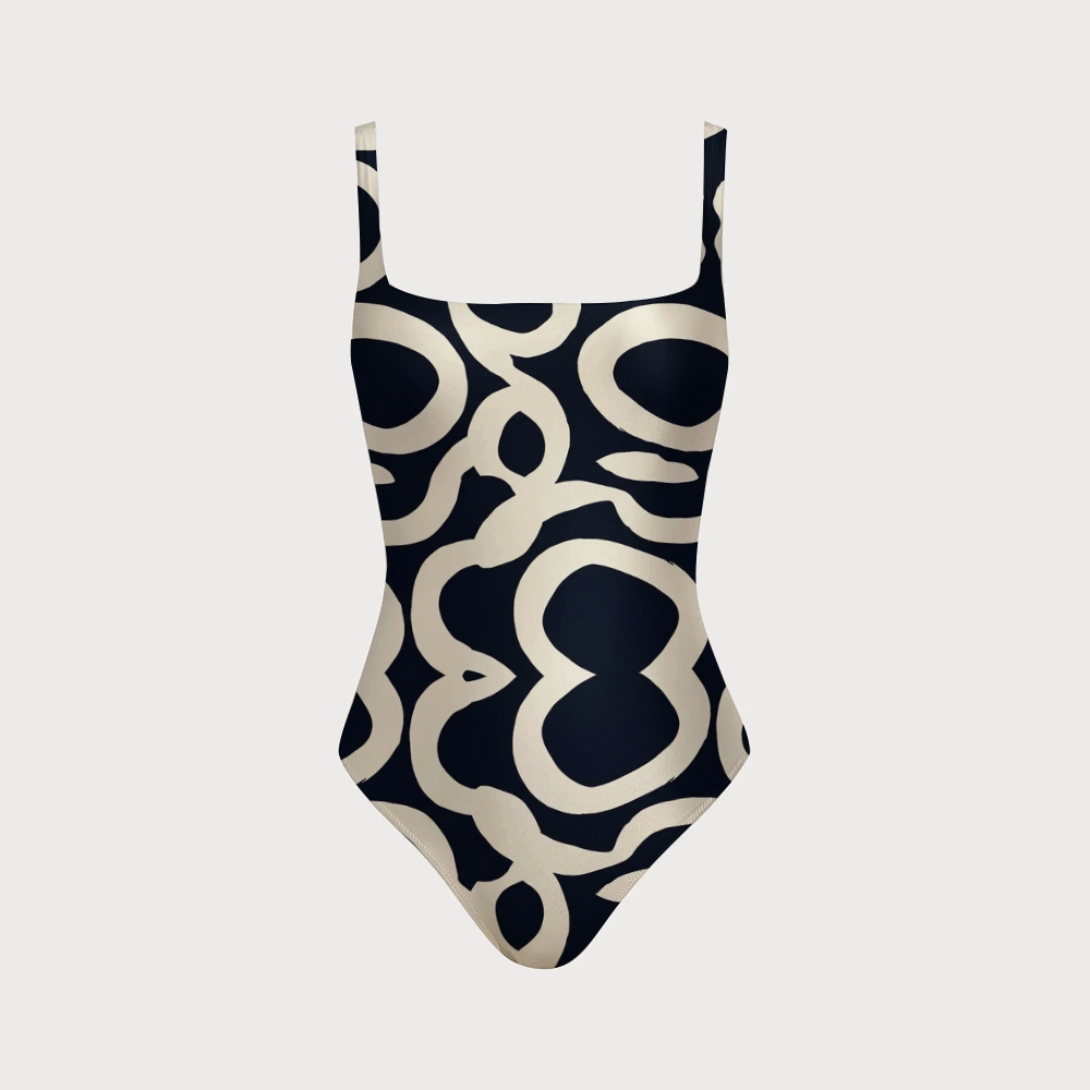 Geometric Print Swimsuit with Back Mesh Knot