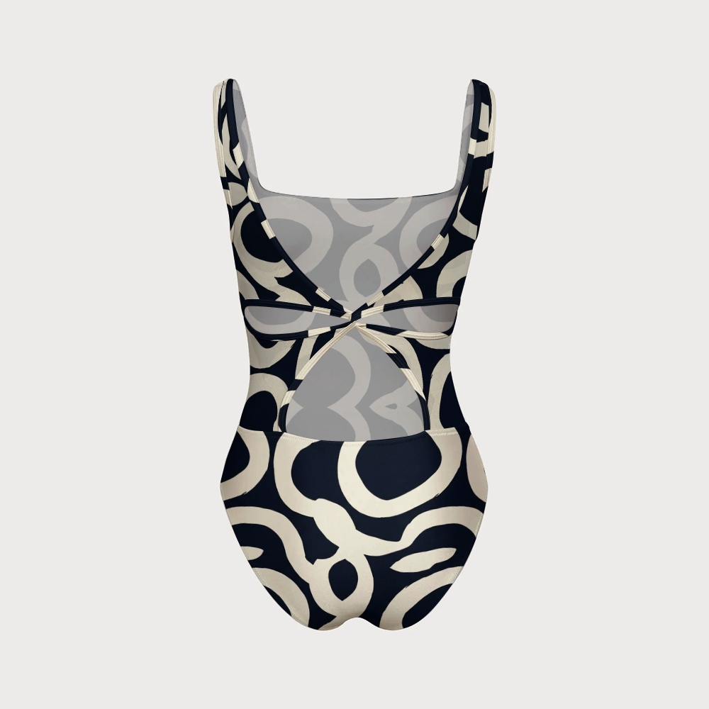 Geometric Print Swimsuit with Back Mesh Knot