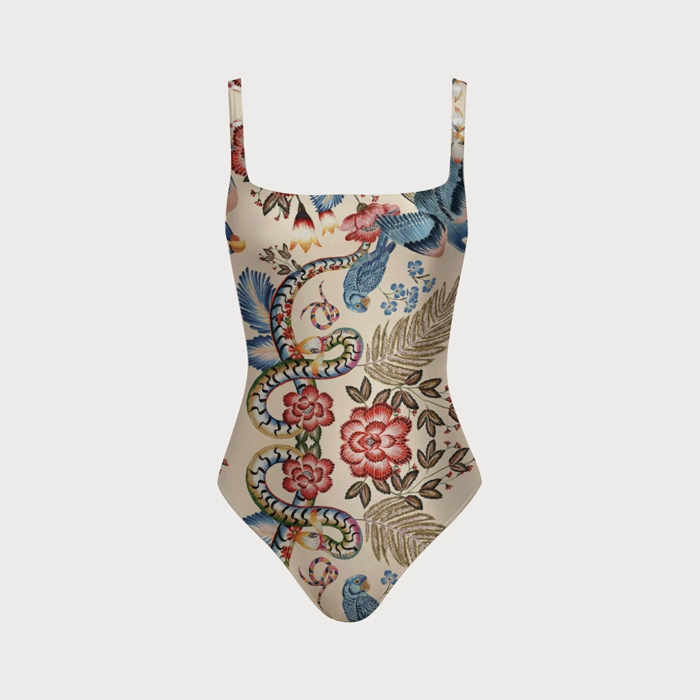 Women's Parrot & Floral Swimsuit with Back Mesh Knot
