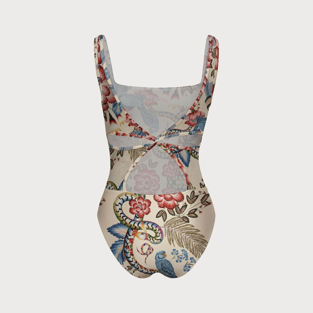 Women's Parrot & Floral Swimsuit with Back Mesh Knot