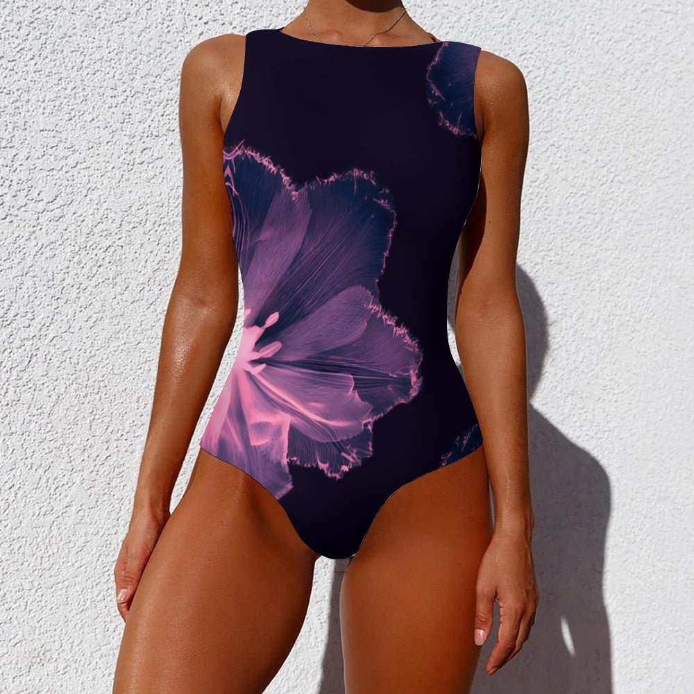 Purple Floral Print One-Piece Swimsuit