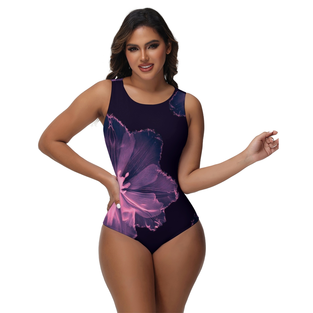 Purple Floral Print One-Piece Swimsuit