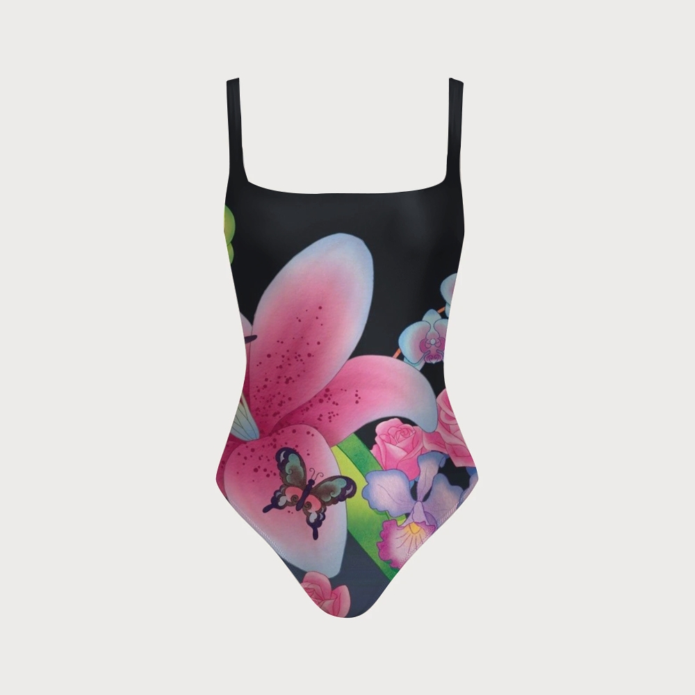 Women's Butterfly Floral Swimsuit With Back Mesh Knot