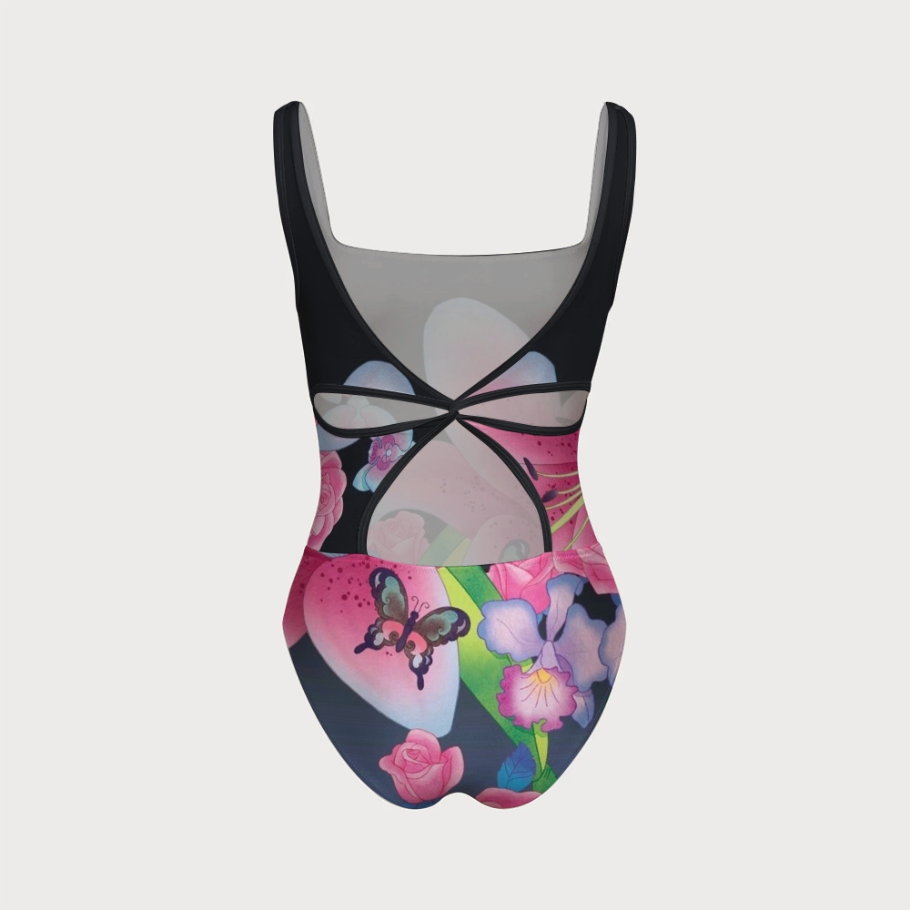 Women's Butterfly Floral Swimsuit With Back Mesh Knot