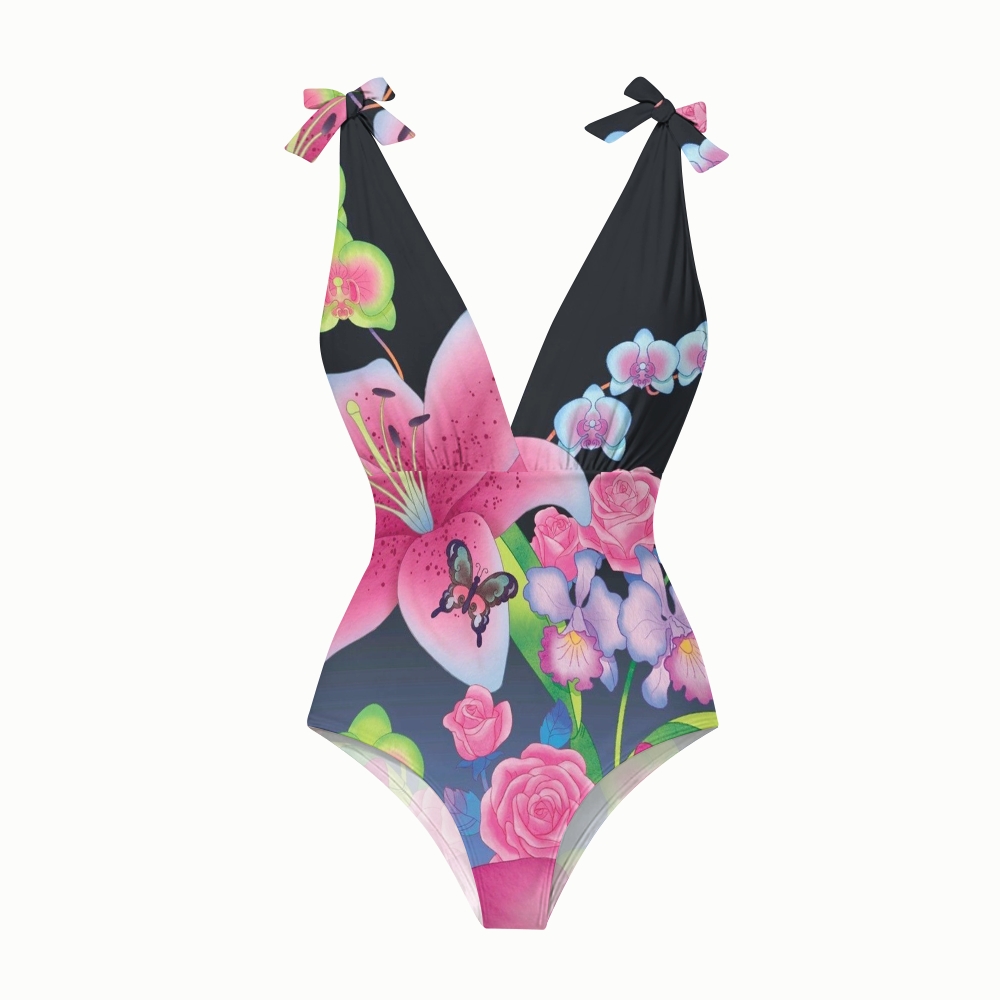Women's Butterfly Floral Print One-Piece Swimsuit Set