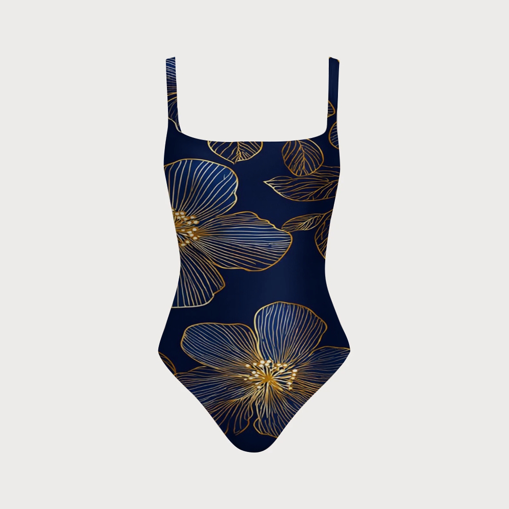 Navy Blue Golden Line Floral Square Neck Swimsuit