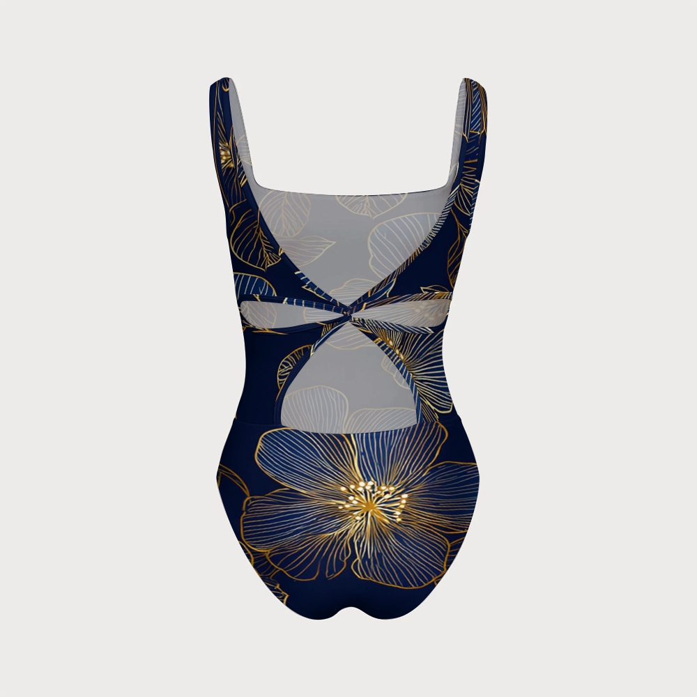 Navy Blue Golden Line Floral Square Neck Swimsuit