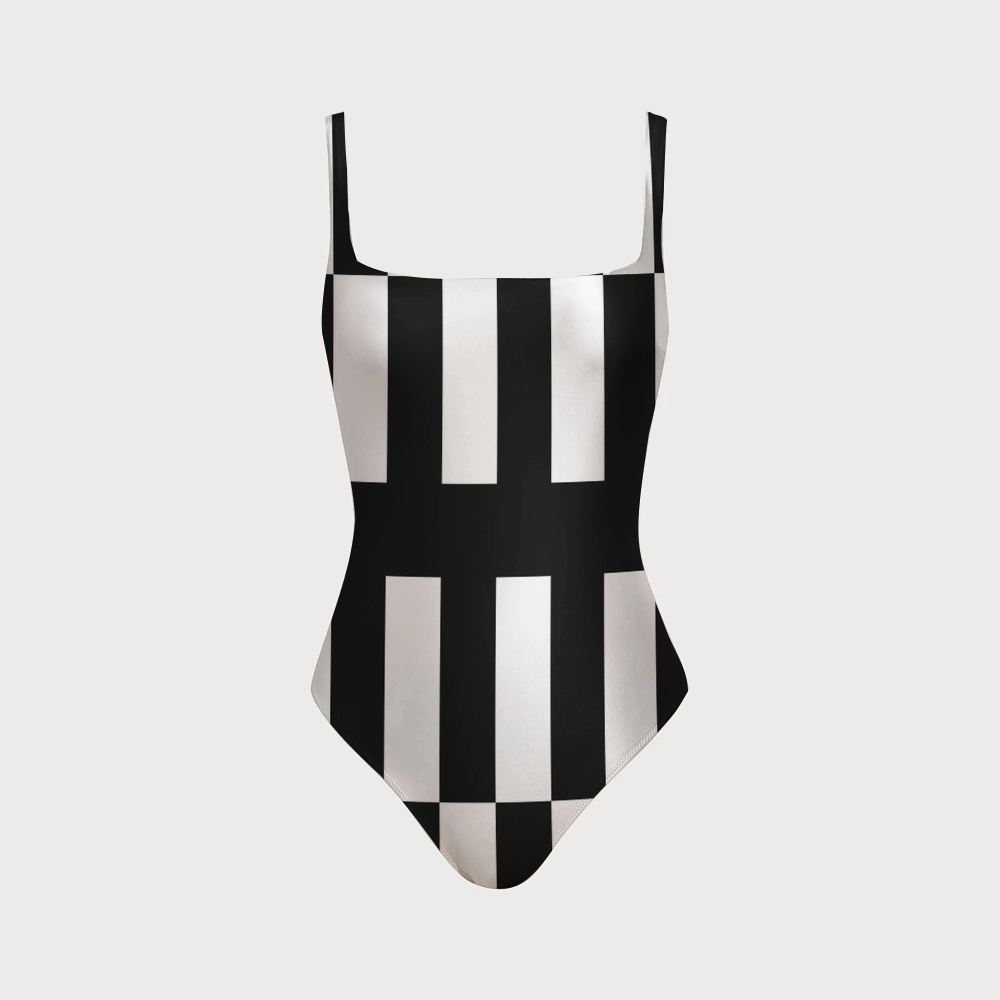 Black & White Block Swimsuit With Back Mesh Knot