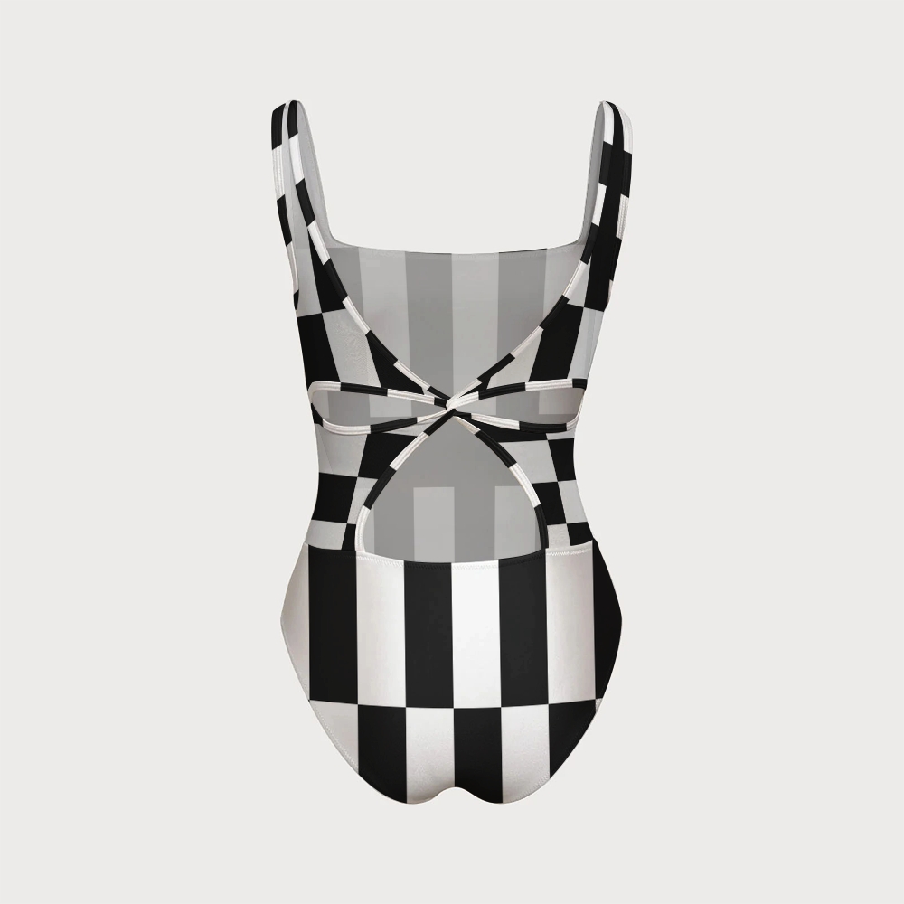 Black & White Block Swimsuit With Back Mesh Knot