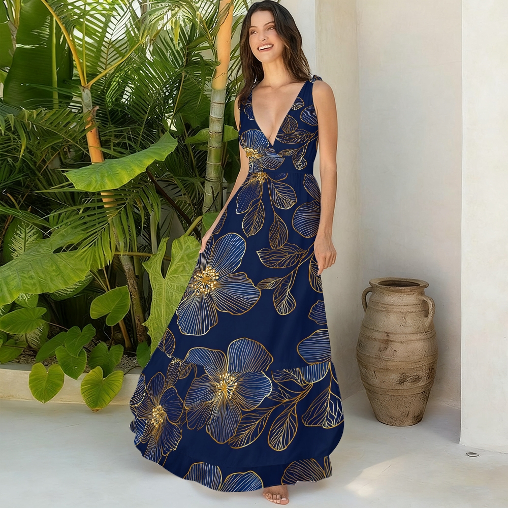 Navy Blue Golden Line Floral Swimsuit with Ruffle Cover Up Skirt