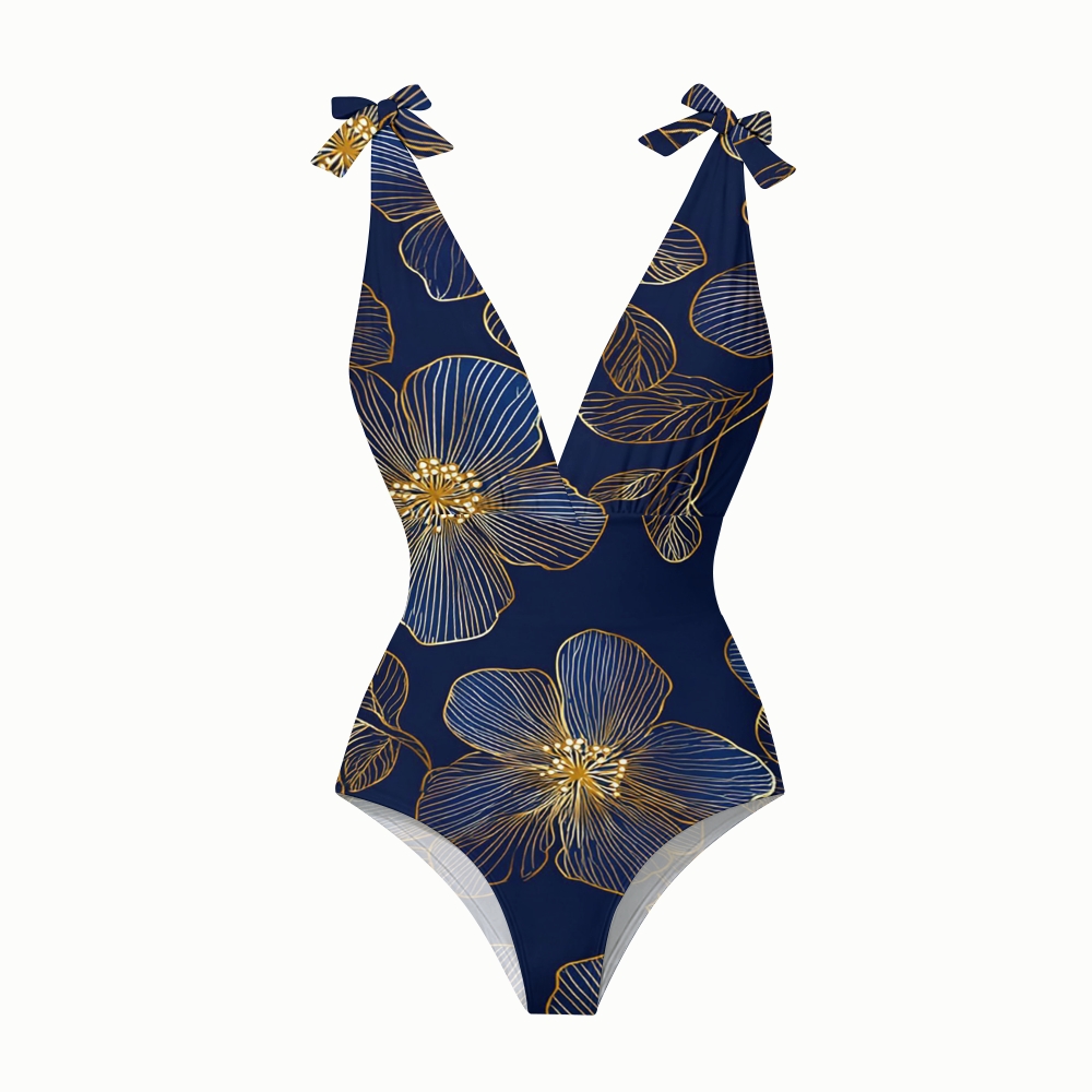 Navy Blue Golden Line Floral Swimsuit with Ruffle Cover Up Skirt