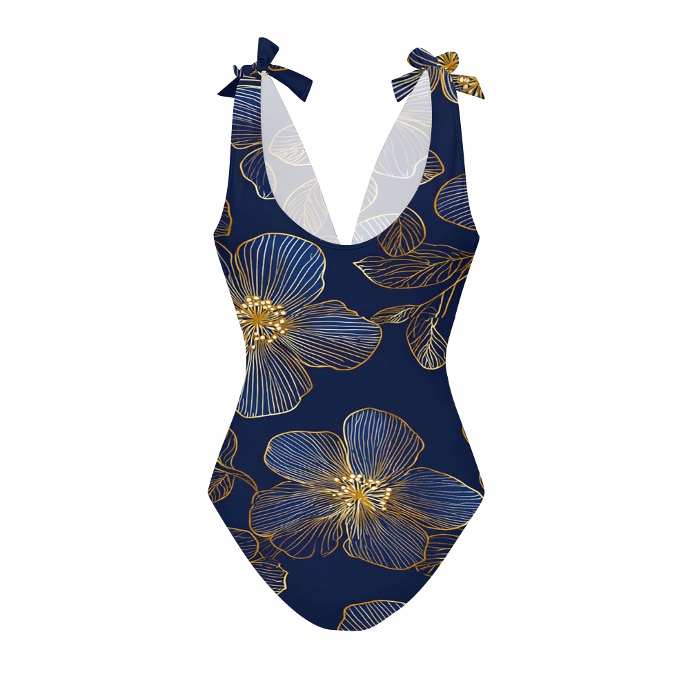Navy Blue Golden Line Floral Swimsuit with Ruffle Cover Up Skirt