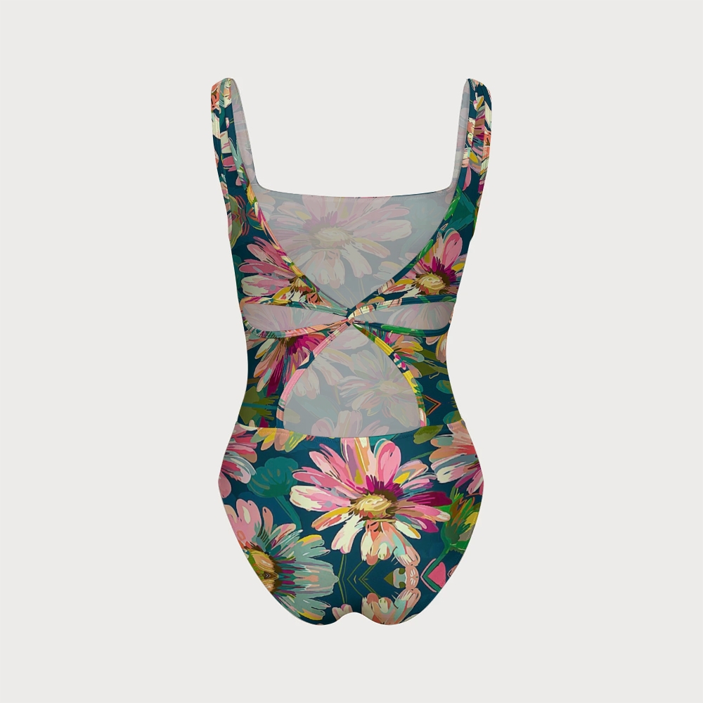 Oil Painting Floral Print Back Crisscross Swimsuit