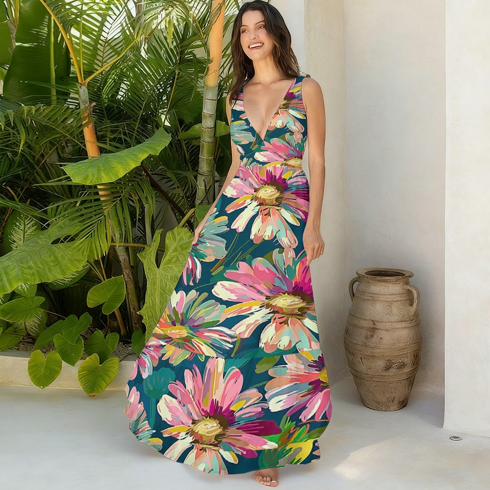 Oil Painting Floral Print Halter Deep V One Piece Swimsuit with Ruffle Cover Up Skirt Set