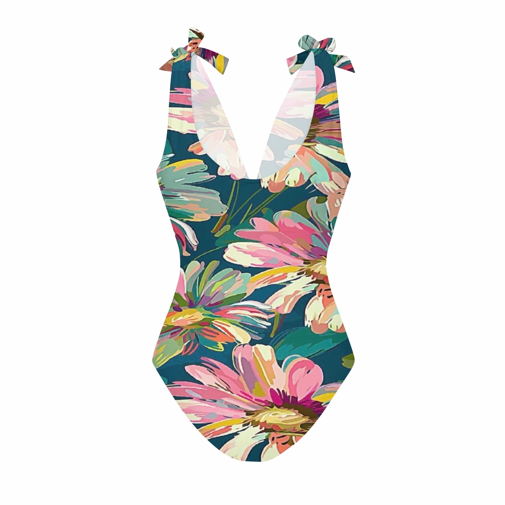 Oil Painting Floral Print Halter Deep V One Piece Swimsuit with Ruffle Cover Up Skirt Set