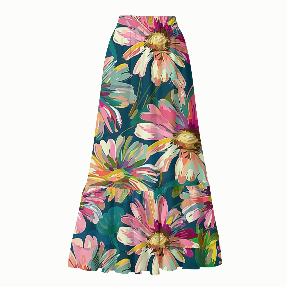 Oil Painting Floral Print Halter Deep V One Piece Swimsuit with Ruffle Cover Up Skirt Set