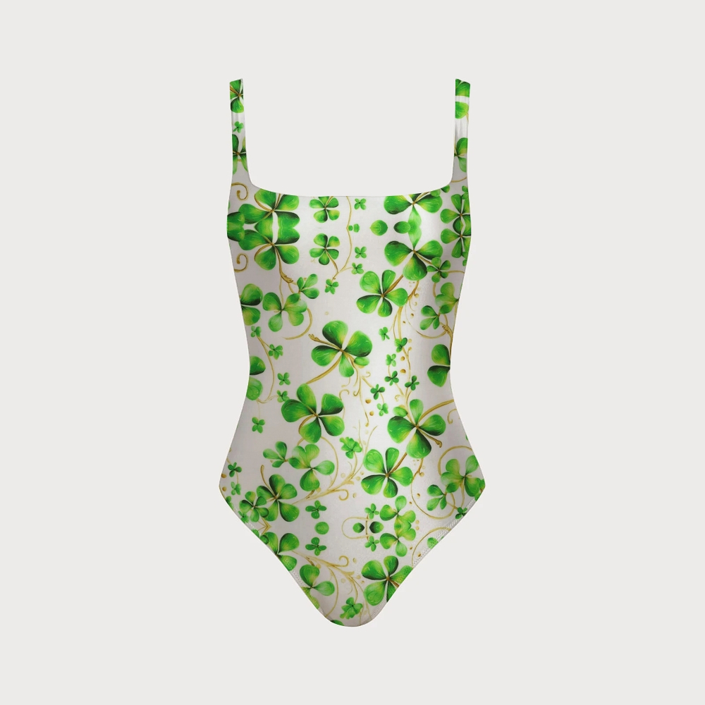 White Base with Golden Line Clover Print Back Crisscross Swimsuit