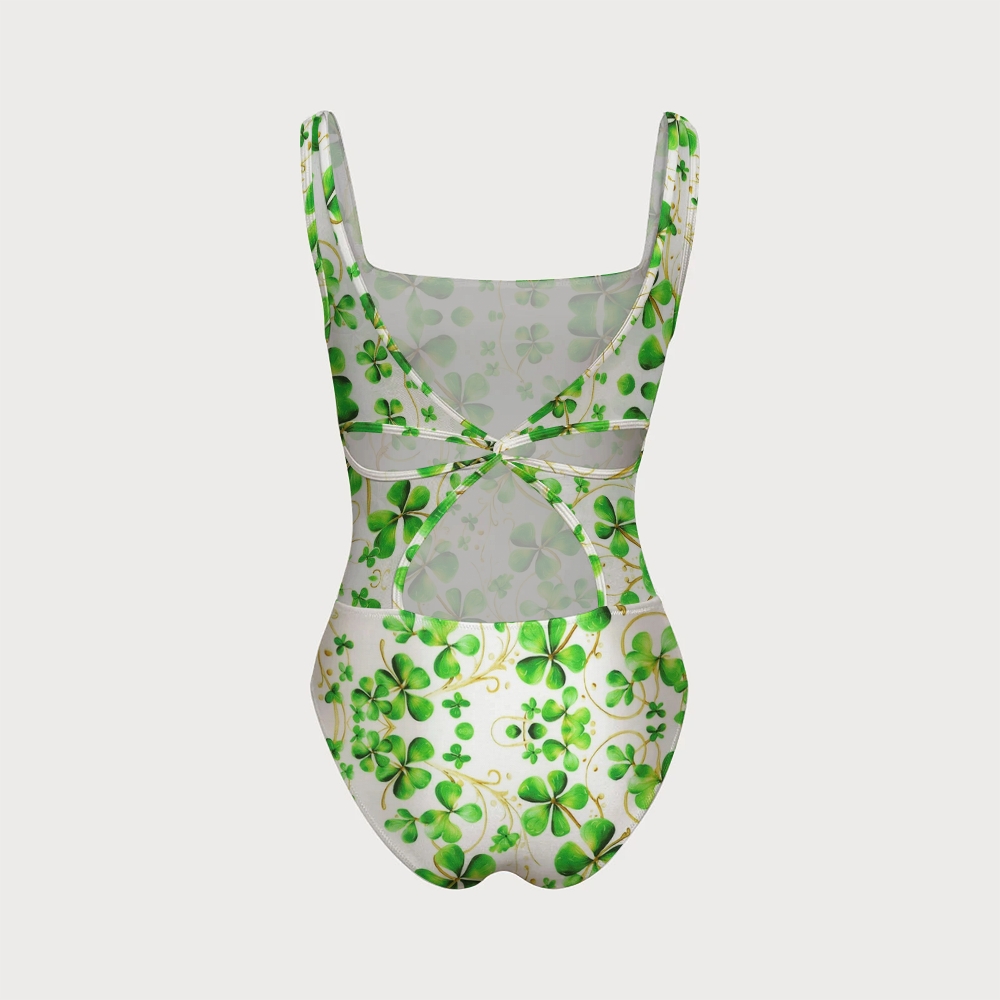 White Base with Golden Line Clover Print Back Crisscross Swimsuit