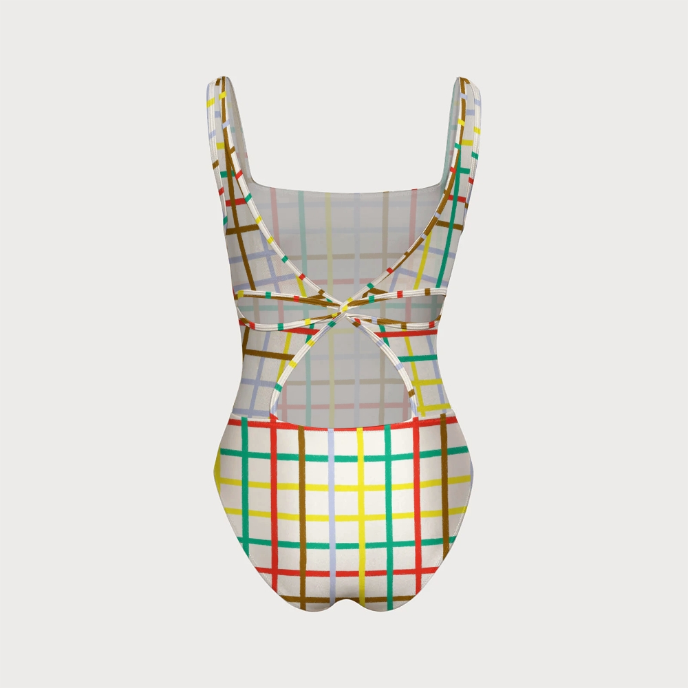 Colorful Plaid Print Back Crisscross Swimsuit