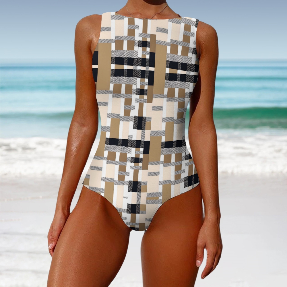 Coffee Black Plaid Print Sleeveless One-Piece