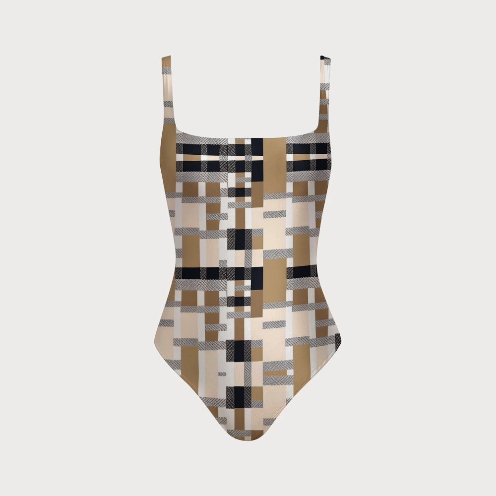 Coffee Black Plaid Print Back Crisscross One-Piece