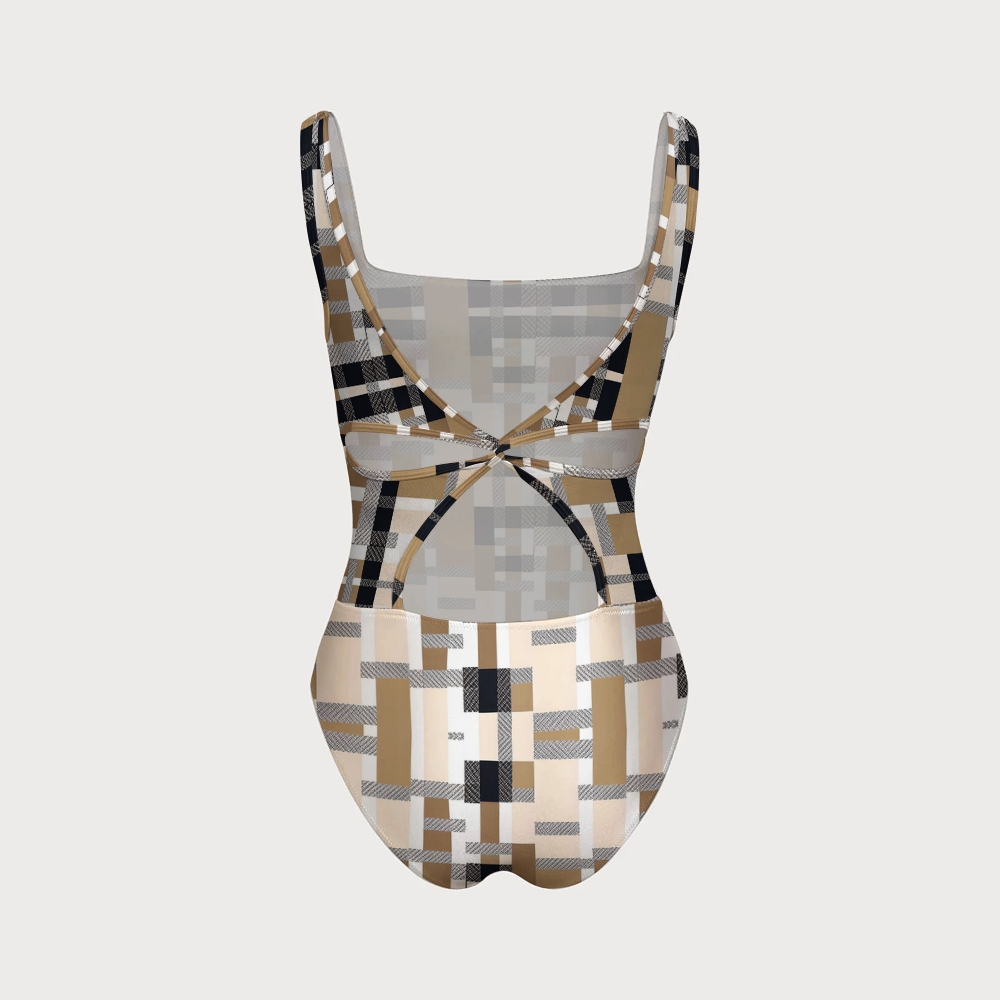 Coffee Black Plaid Print Back Crisscross One-Piece