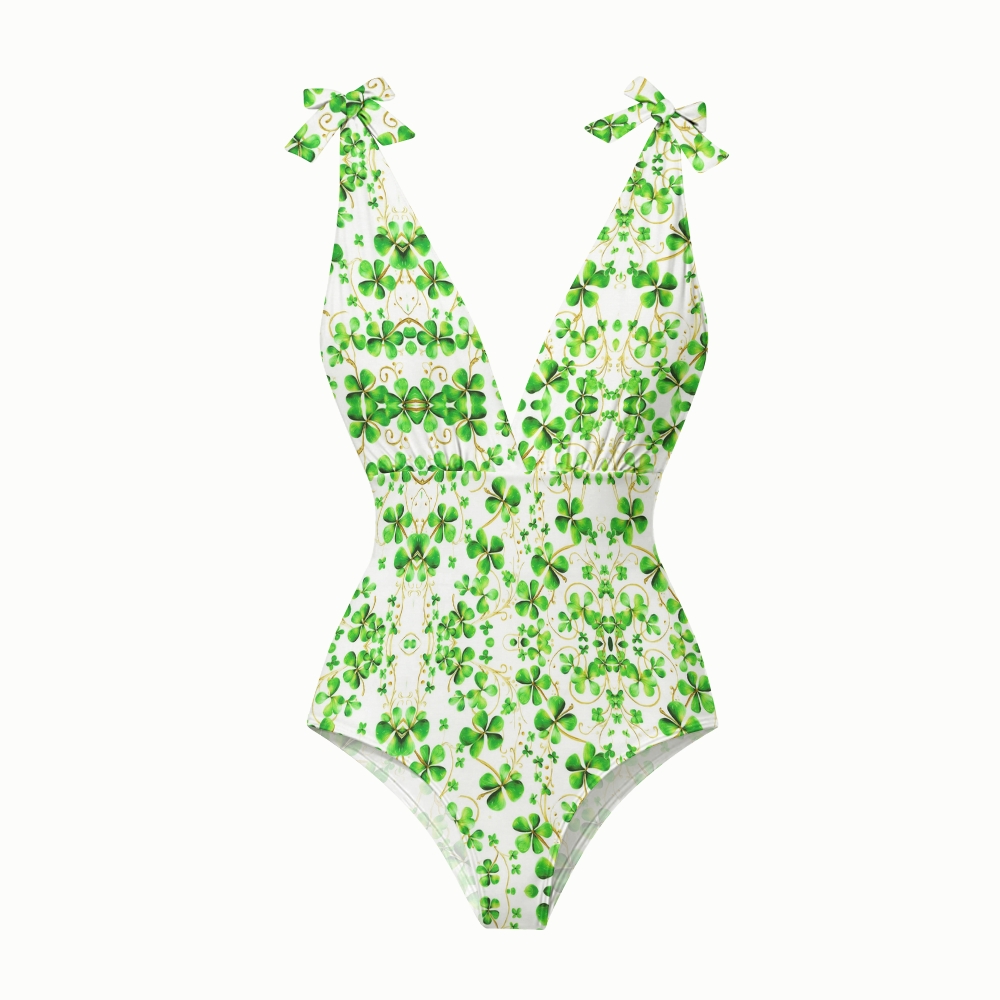Clover Print Swimsuit with Ruffle Cover Up Skirt Set
