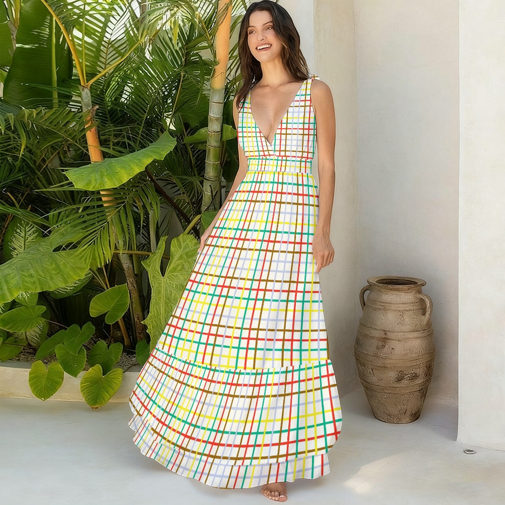 Colorful Plaid Print Halter One Piece with Ruffle Cover Up Skirt