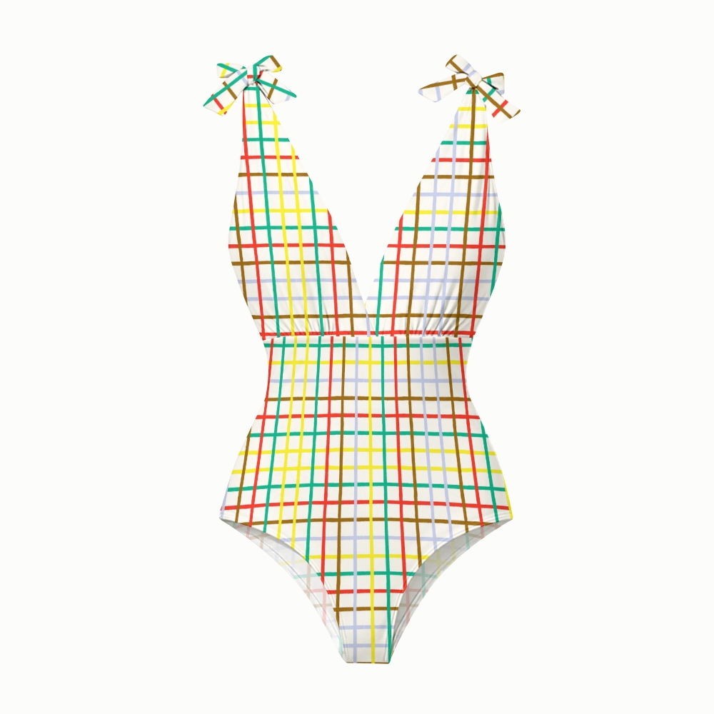 Colorful Plaid Print Halter One Piece with Ruffle Cover Up Skirt