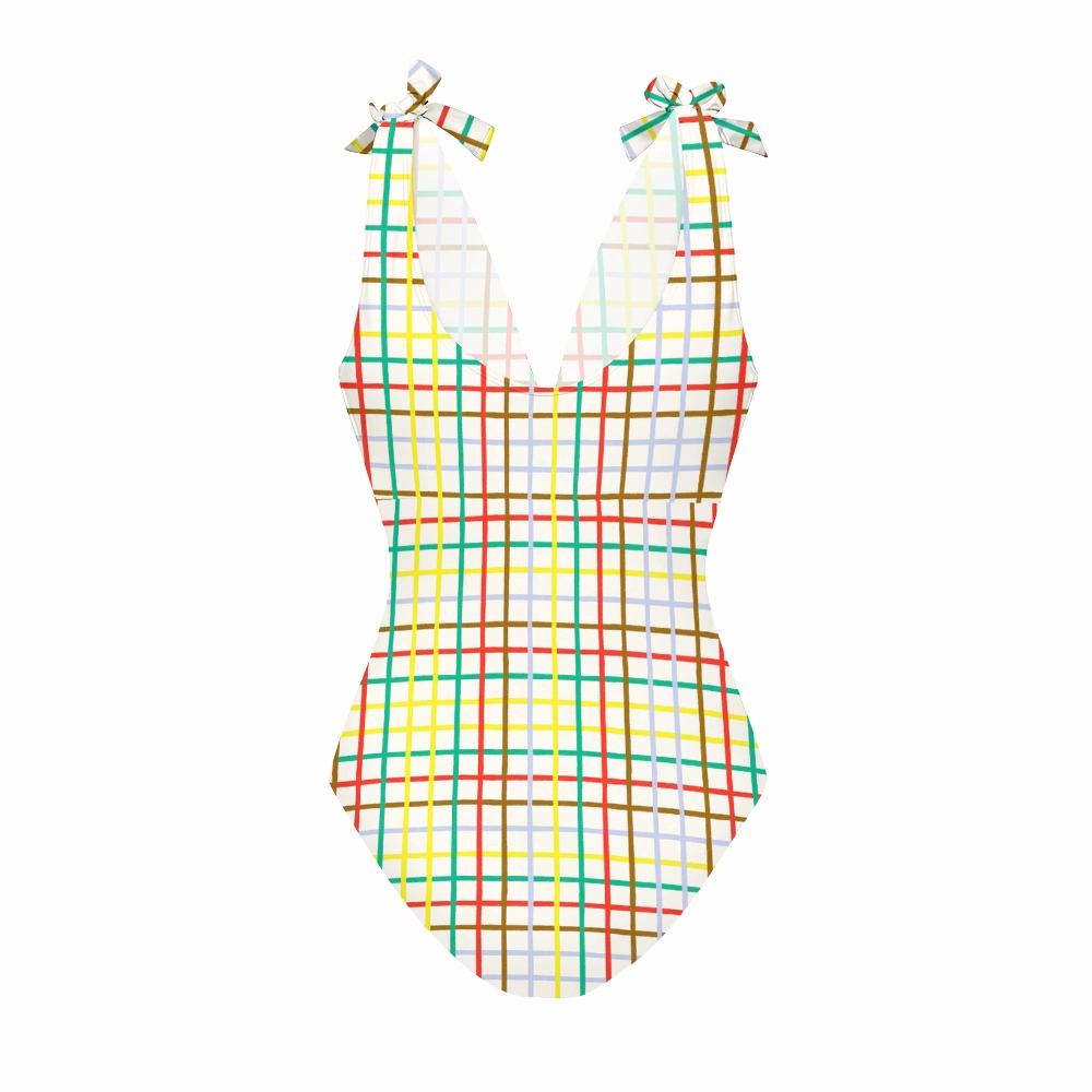 Colorful Plaid Print Halter One Piece with Ruffle Cover Up Skirt