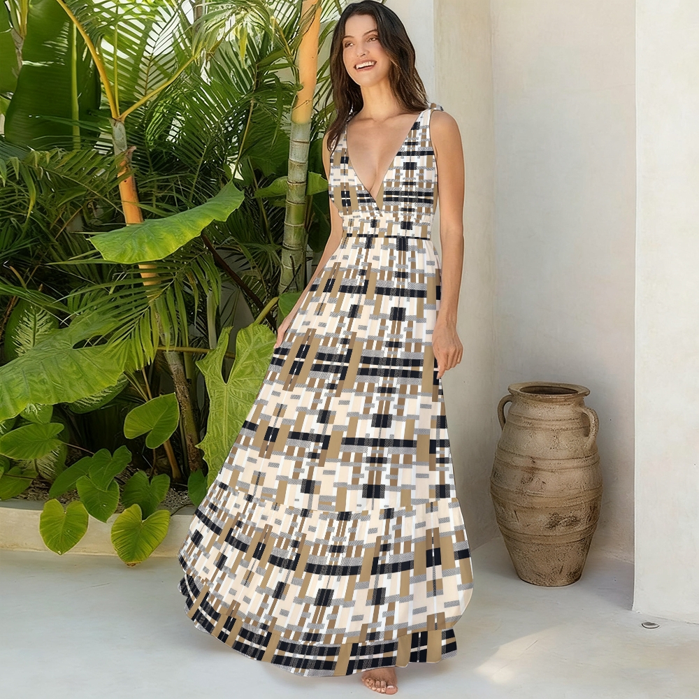 Coffee Black Plaid Swimsuit with Ruffle Cover Up Skirt Set