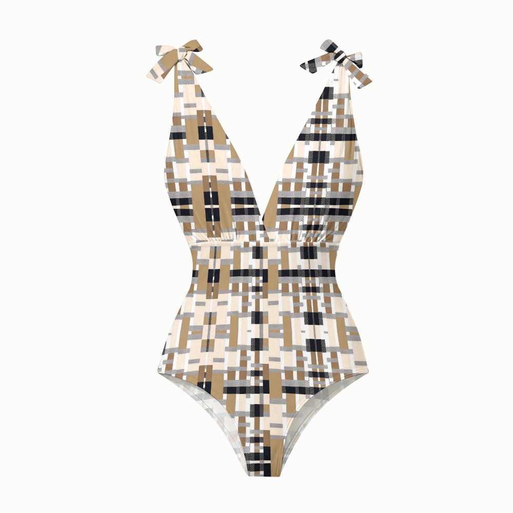 Coffee Black Plaid Swimsuit with Ruffle Cover Up Skirt Set