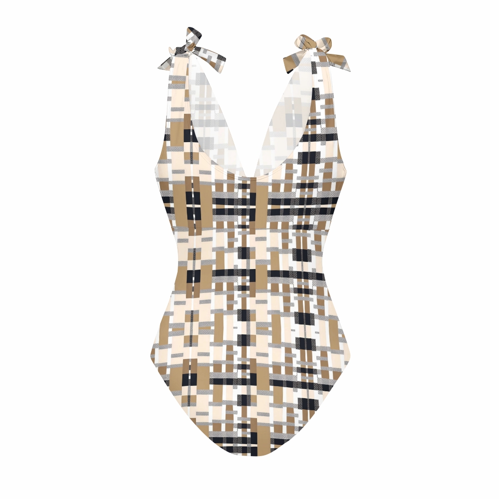 Coffee Black Plaid Swimsuit with Ruffle Cover Up Skirt Set