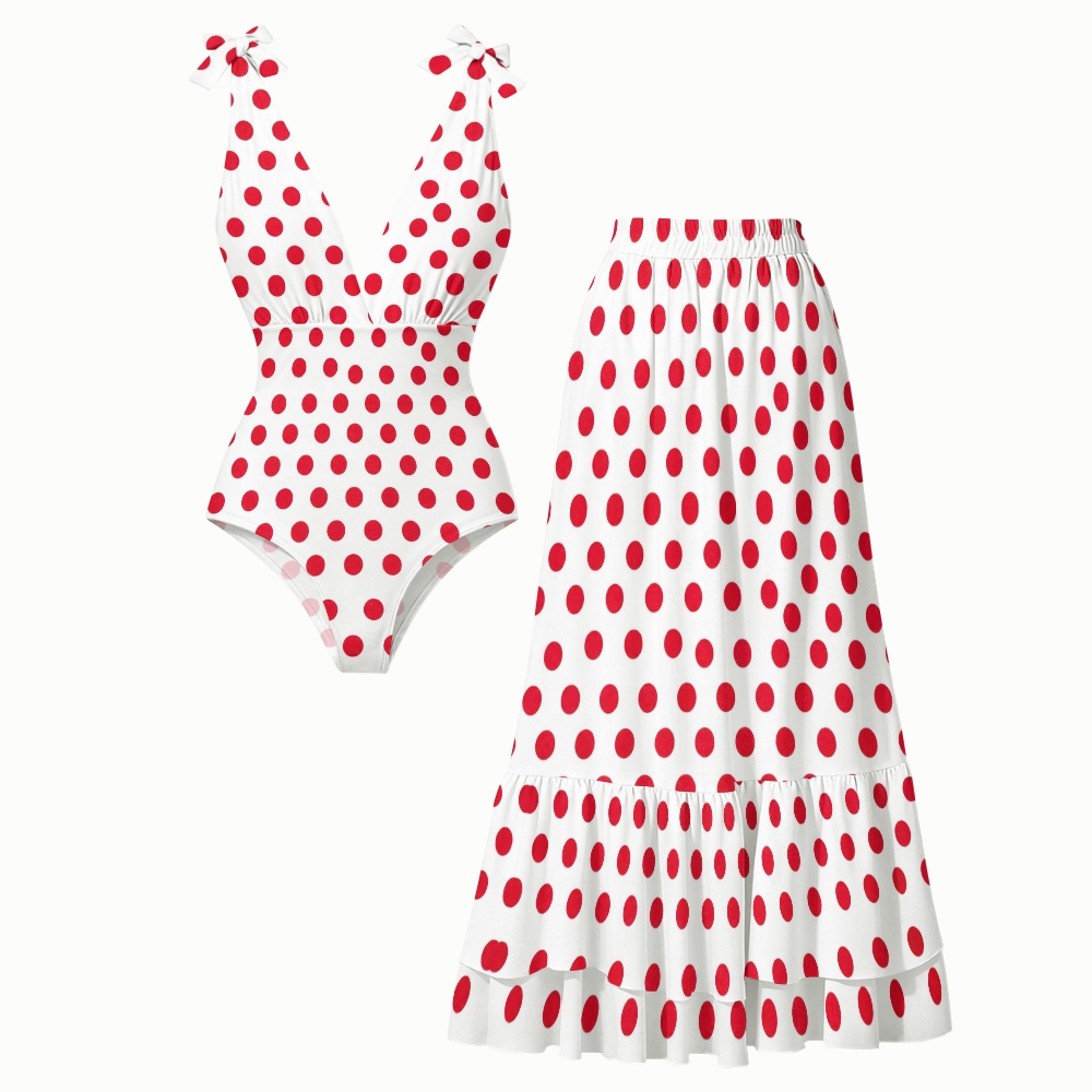 Women's Polka Dot Print One-Piece Swimsuit Set