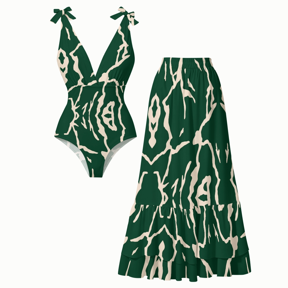 Women's Green Print One-Piece Swimsuit Set