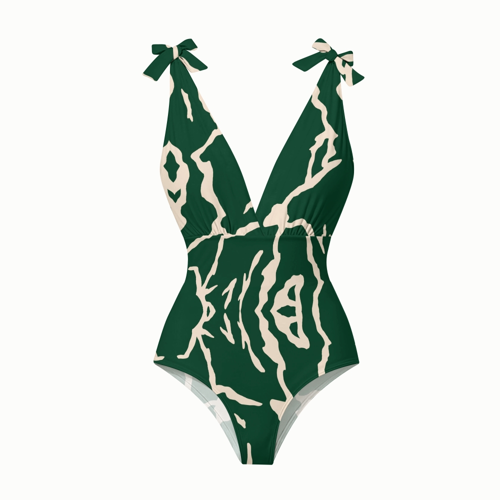 Women's Green Print One-Piece Swimsuit Set