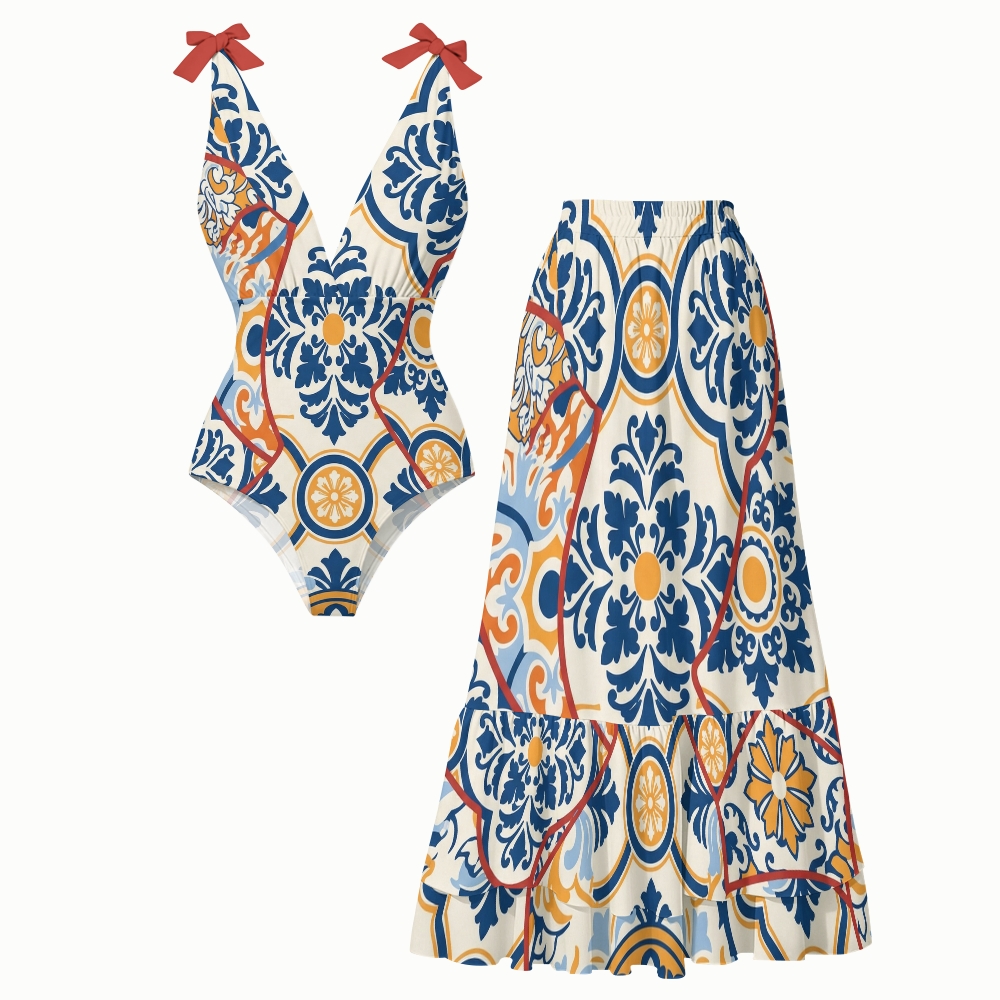 Women's V Nack Printed One-Piece Swimsuit Set