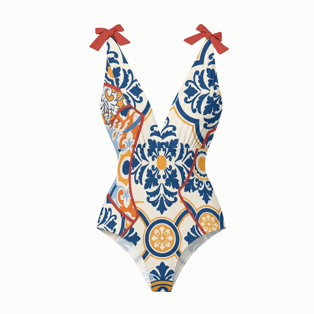 Women's V Nack Printed One-Piece Swimsuit Set