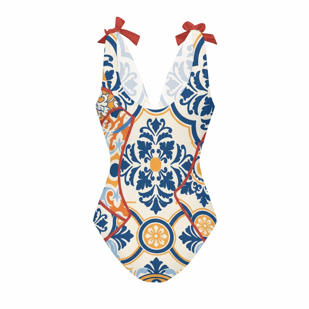 Women's V Nack Printed One-Piece Swimsuit Set