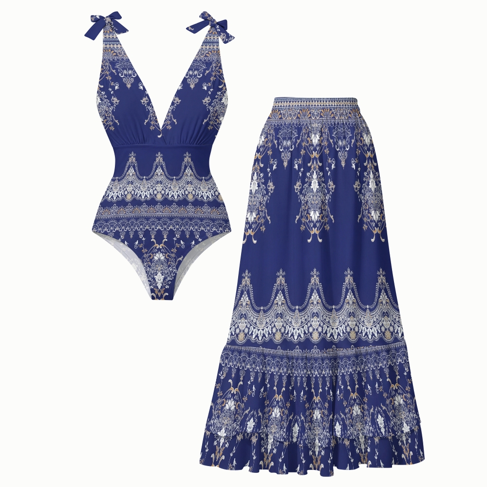 Women's Royal Blue Baroque Print One-Piece Swimsuit Set