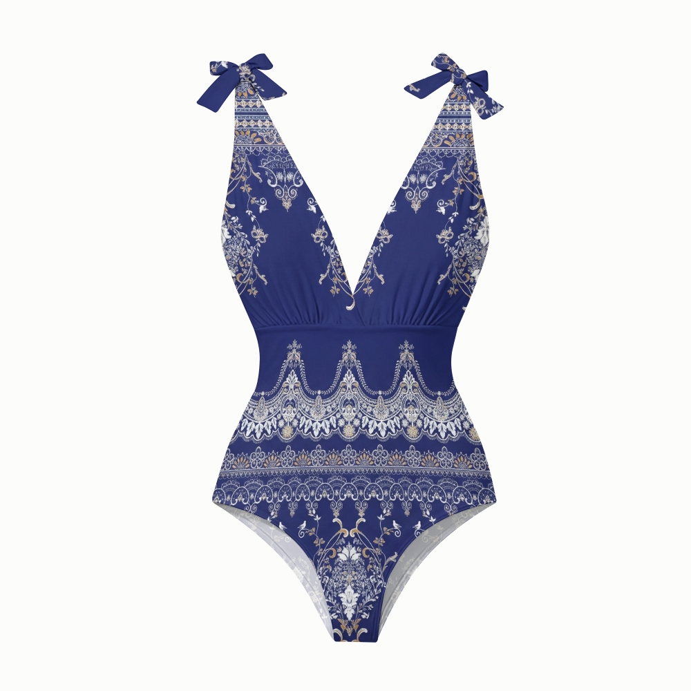 Women's Royal Blue Baroque Print One-Piece Swimsuit Set