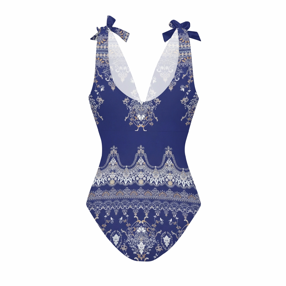 Women's Royal Blue Baroque Print One-Piece Swimsuit Set