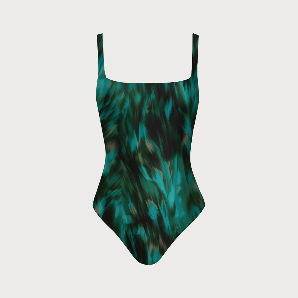 Women's Green Printed Swimsuit With Back Mesh Knot