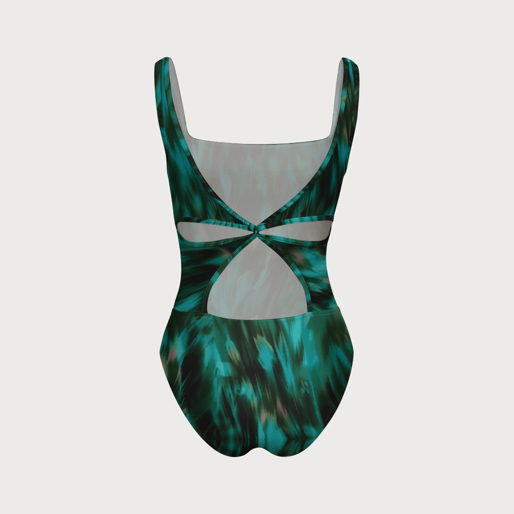 Women's Green Printed Swimsuit With Back Mesh Knot