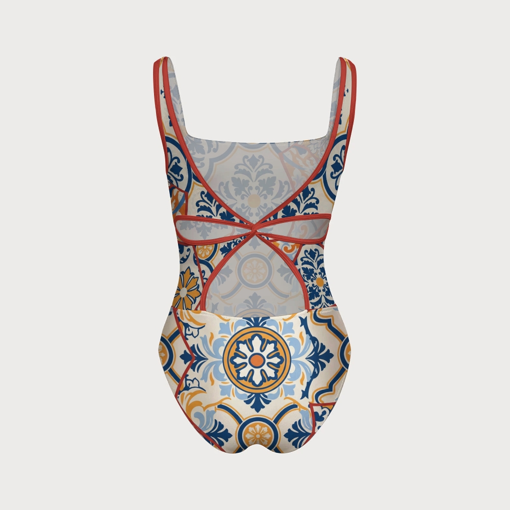 Women's Printed Swimsuit With Back Mesh Knot