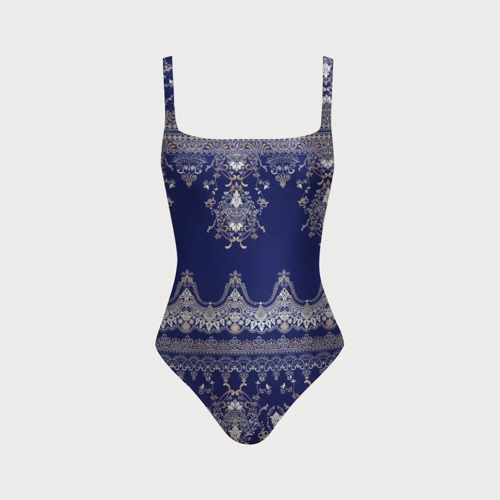 Royal Blue Baroque Swimsuit With Back Mesh Knot